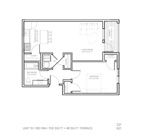 Floor plan for 1 bed, 1 bath, 700 sqft